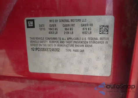 2014 Chevrolet Cruze 1Lt Auto z USA, uszkodzony, nr VIN 1G1PC5SBXE7246062